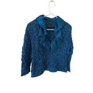 Vintage Cache Women's Teal Blue Front Zip Sequin Ruffle Neck Top - Medium